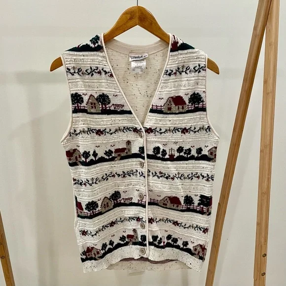 Vintage Speckled Floral Cottage House Tree Print Button Front Sweater Vest Cream - Picture 2 of 6